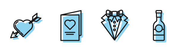 세트 라인 슈트, 하트와 화살이있는 아무르 기호, 하트와 샴페인 병 아이콘이있는 발렌타인 데이 파티 전단지. 벡터 - heart shape heart suit valentines day love stock illustrations