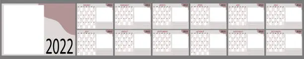 Vector illustration of Calendar template for 2021. Set of 12 months and covers. Daily planner with grid table, with space for notes and photos. Vector illustration. Corporate and business calendar