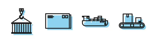 Vector illustration of Set line Cargo ship with boxes delivery service , Container on crane, Envelope and Conveyor belt with cardboard box icon. Vector