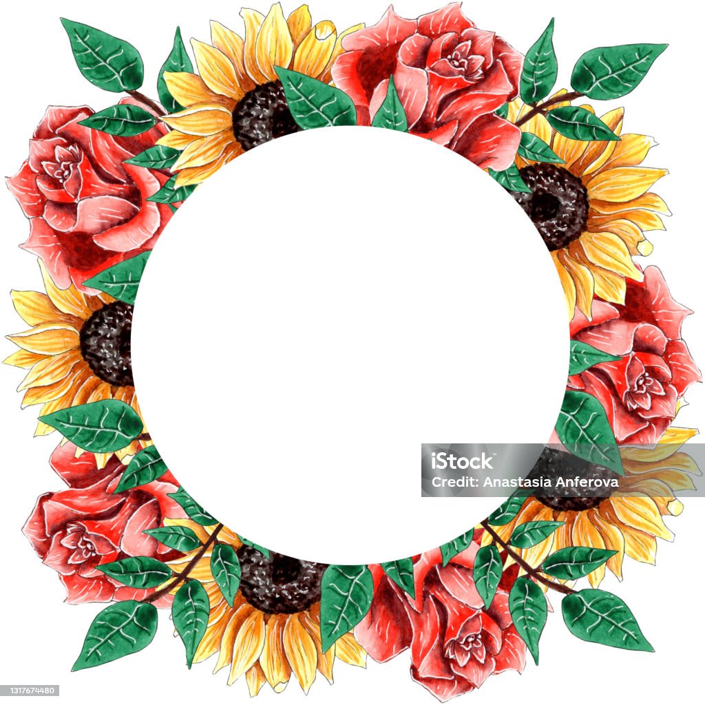 Watercolor Sunflower And Red Rose Floral Frame Stock Illustration -  Download Image Now - Anniversary Card, Anniversary, Autumn - iStock