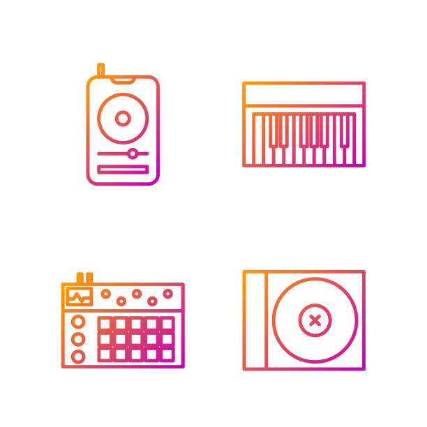 ilustrações, clipart, desenhos animados e ícones de definir cd de linha ou disco de dvd, máquina de bateria, music player e sintetizador de música. ícones de cores gradientes. vetor - dvd player computer icon symbol icon set