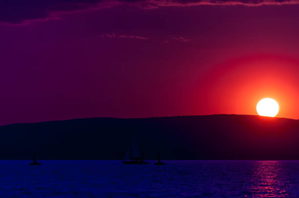 Synthwave themed colorful sunet over the Balaton lake