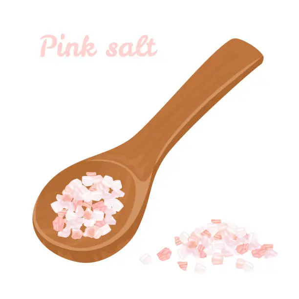 Vector illustration of Vector pink Himalayan salt in wooden spoon and heap. Cartoon flat illustration. Organic food.