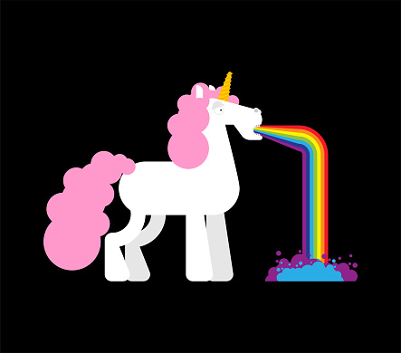Unicorn vomits rainbow cartoon vector illustration