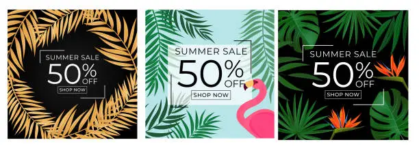 Vector illustration of Abstract Summer Sale Background with palm leaves and flamingo collection set. Vector Illustration