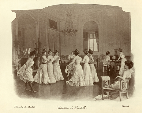 Vintage photograph of Youing women rehearsing the Quadrille, Victorian photomontage19th Century