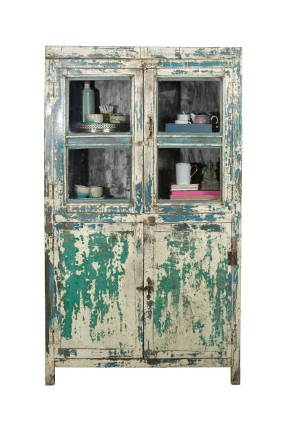 Antique rustic cupboard cabinet isolated on white background Antique rustic cardboard cabinet isolated on white background white shabby chic desk stock pictures, royalty-free photos & images