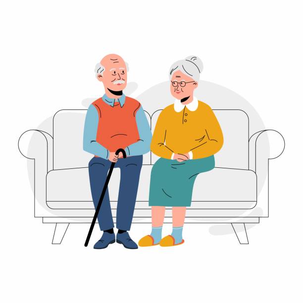 自宅のソファに座っている老夫婦 - document lifestyles senior couple female点のイラスト素材／クリップアート素材／マンガ素材／アイコン素材