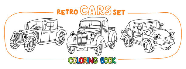 lustige kleine retro-autos mit augen malbuch-set - pick up truck old car traffic stock-grafiken, -clipart, -cartoons und -symbole