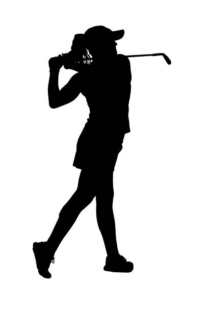 Golf ball against background of hitting woman closeup. Active healthy lifestyle concept