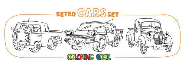 lustige kleine retro-autos mit augen malbuch-set - pick up truck old car traffic stock-grafiken, -clipart, -cartoons und -symbole