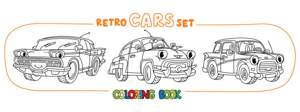 눈 색칠 책 세트와 재미 작은 복고풍 자동차 - cartoon city town car stock illustrations