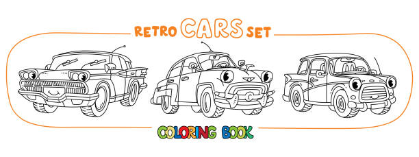 śmieszne małe samochody retro z oczami kolorowanka zestaw książeczek - cartoon city town car stock illustrations