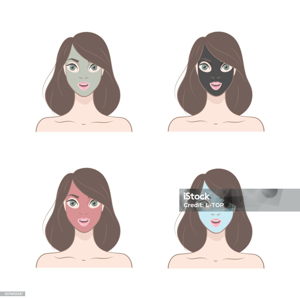 Beautiful Womens Faces In Clay Masks Skin Care Blue Black Pink And Green  Clay Cartoon Brunette Girl Vector Illustration Stock Illustration -  Download Image Now - iStock