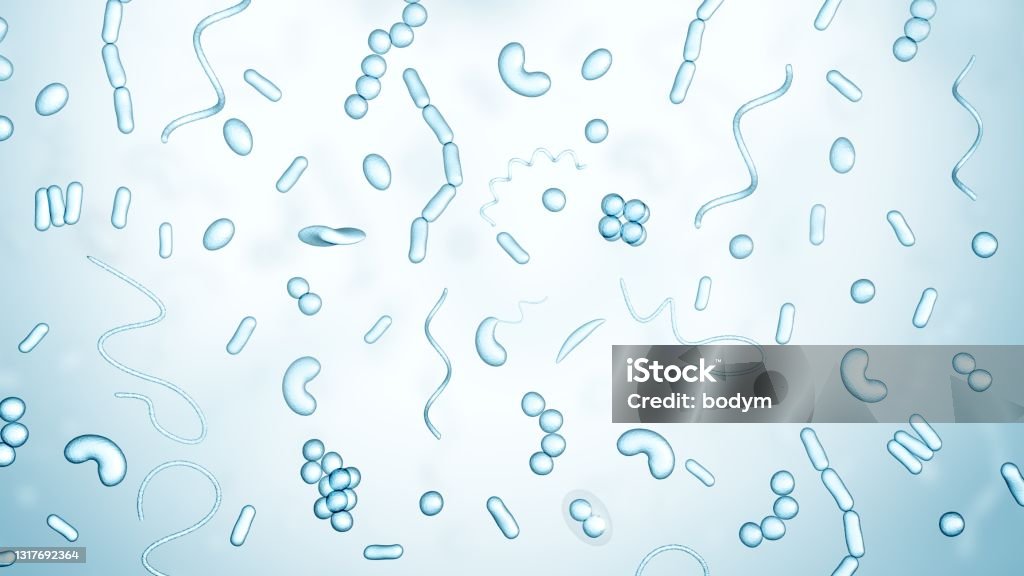 Different types of bacteria on a light background. Different types of bacteria on a light background. Shapes. Blue color. 3d illustration. Bacterium Stock Photo
