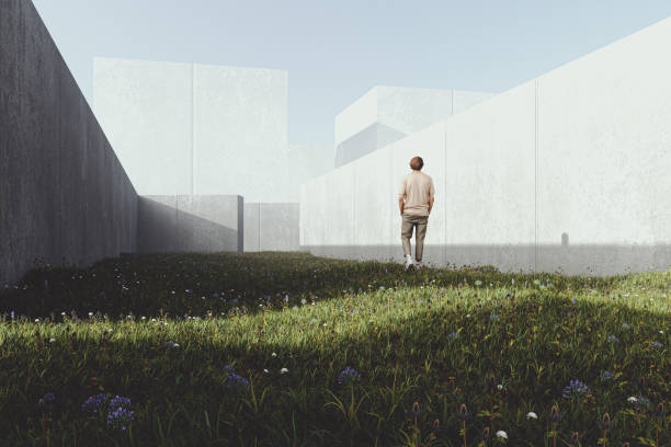 Lonely man walking in abstract landscape