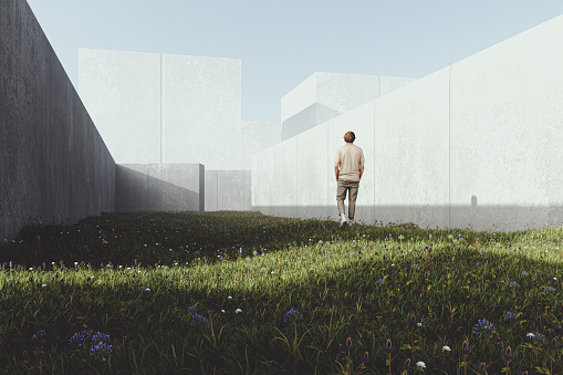 Lonely man walking in abstract landscape. Entirely 3D generated image.