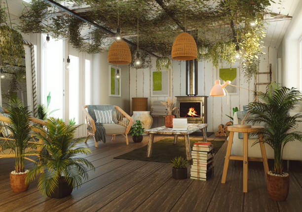 groene gezellige woonkamer met veel kamerplanten - botanie fotos stockfoto's en -beelden