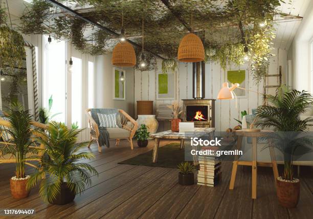 Green Cozy Living Room With Lots Of Houseplants Stock Photo - Download Image Now - Domestic Room, Living Room, Light Bulb