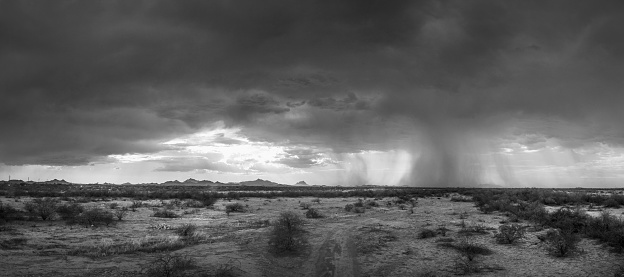 Black and white panorama of summer storm in the desert west of Tucson