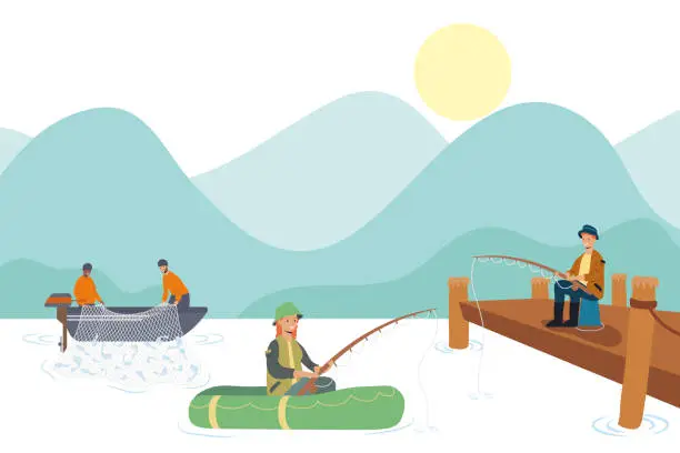 Vector illustration of fishers in lake