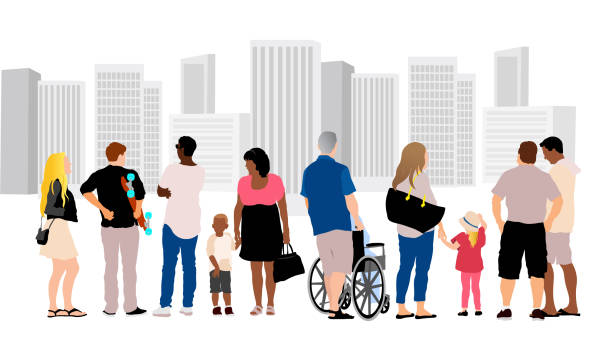 Diversity Sidewalk Flat Design Crowd Contrast Variety of people in a a flat design crowd illustration with downtown buildings diverse family stock illustrations