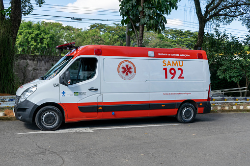 São Paulo, Brazil - May 10, 2021: Ambulance from SAMU, Mobile Emergency Care System, acronym in Portuguese.