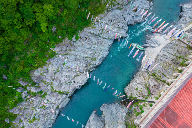 wąwóz oboke, rzeka yoshino i karpie streamery, miejsca zwiedzania w mieście miyoshi, prefektura tokushima - natural landmark autumn canyon cliff zdjęcia i obrazy z banku zdjęć