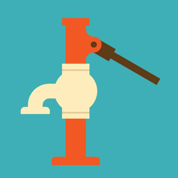 Deep well hand pump vector icon design. For suction groundwater from shallow deep borehole at drought, countryside. Deep well hand pump vector icon design. Also called manual pump, pitcher pump with Vintage and traditional style. Consist of spout, lever rod or handle, pipe and body above ground at outdoor, garden for suction groundwater from shallow deep borehole. That underground water source for plumbing, potable drinking at drought, countryside. hand water pump stock illustrations