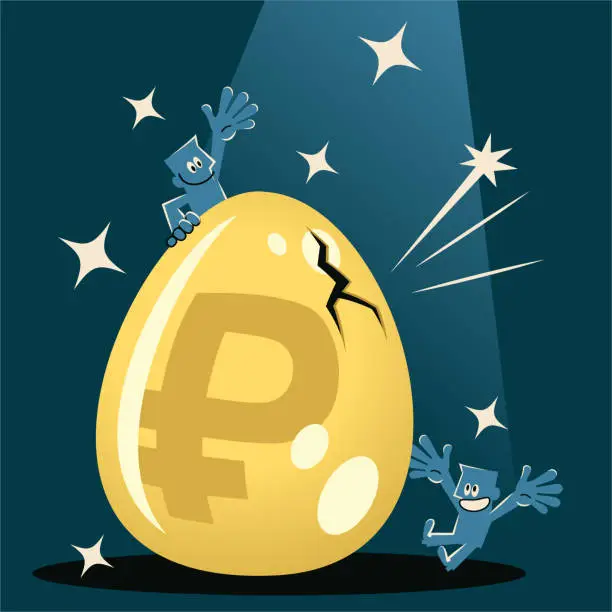 Vector illustration of Two smiling businessmen are incubating and hatching the big golden egg which has a Russian Rubles currency sign on it in the spotlight
