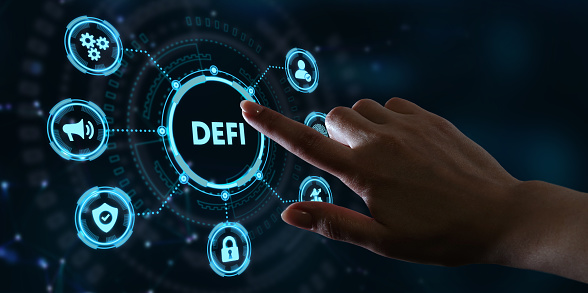 DeFi -Decentralized Finance on dark blue abstract polygonal background. Concept of blockchain, decentralized financial system.