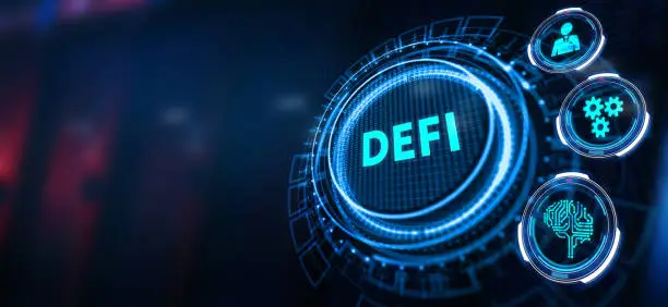 DeFi -Decentralized Finance on dark blue abstract polygonal background. Concept of blockchain, decentralized financial system.
