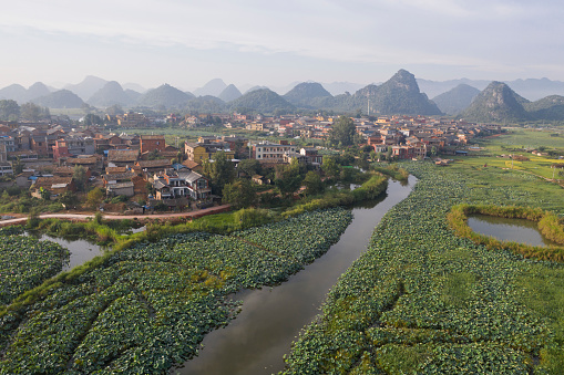 Aerial view of Puzhehei Scenic Area in Yunnan, China