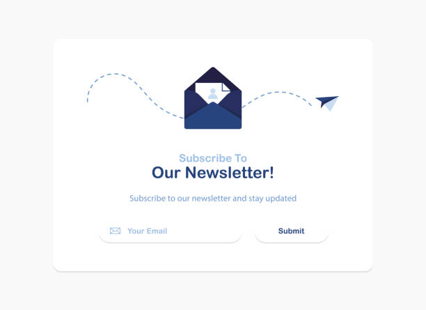 Subscribe banner template Vector banner illustration of email marketing. Subscription to newsletter, news, offers, promotions. A letter in an envelope. Buttons template. Subscribe, submit. Send by mail. Blue and White. Eps 10 email subscription stock illustrations