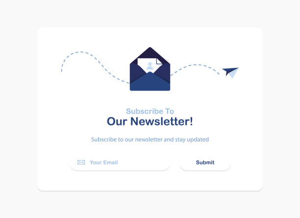 Subscribe banner template Vector banner illustration of email marketing. Subscription to newsletter, news, offers, promotions. A letter in an envelope. Buttons template. Subscribe, submit. Send by mail. Blue and White. Eps 10 newsletter stock illustrations