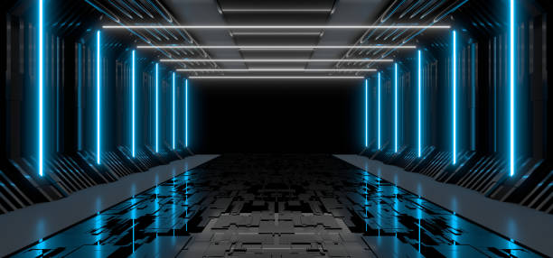 istock Sci Fy neon lamps in a dark hall. Reflections on the floor and walls. 3d rendering image. 1317713740