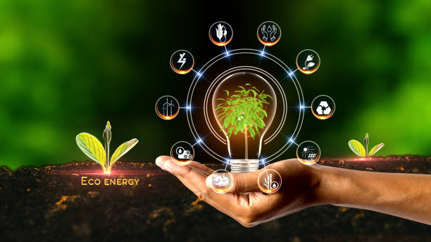 Eco Energy Concept Green environment with Center and spoke Concept ,Plant on center and rotating Icons green technology stock pictures, royalty-free photos & images