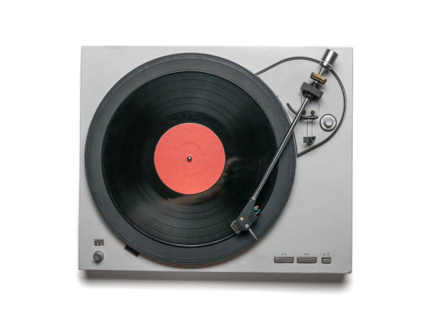 istock Vinyl record player with red disc isolated on white background. 1317714035