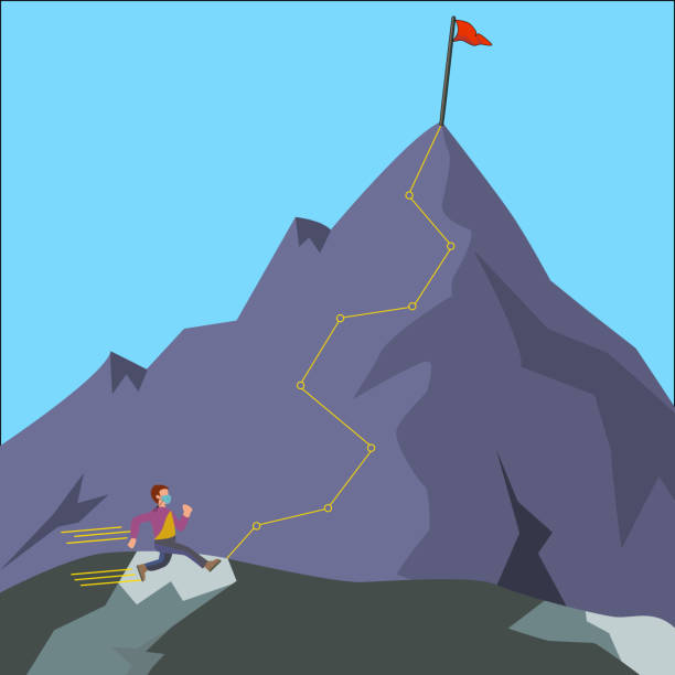 istock Man runing mountain with flag on top on his way to success.  Business success Vector. Flat cartoon style. Vector illustration. 1317714946