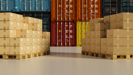 Two stack of cardboard boxes on pallet in storage warehouse with container in the back, 3D rendering, 3D illustration