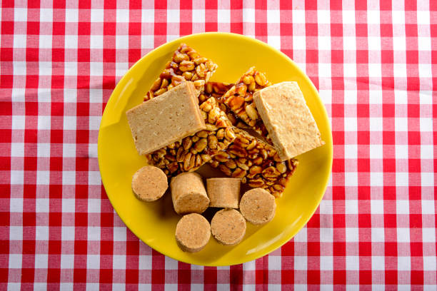 Typical Brazilian junina party sweets - Top view with copy space.
