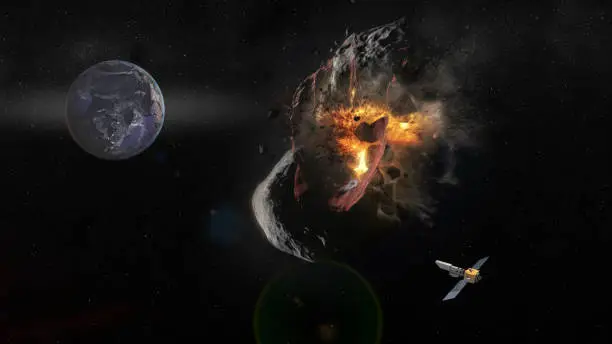 Photo of Saving planet Earth from asteroid. Explosion on a meteorite flying to the Earth. Spaceship flies away after a successful mission. Collage. Elements of this image furnished by NASA.