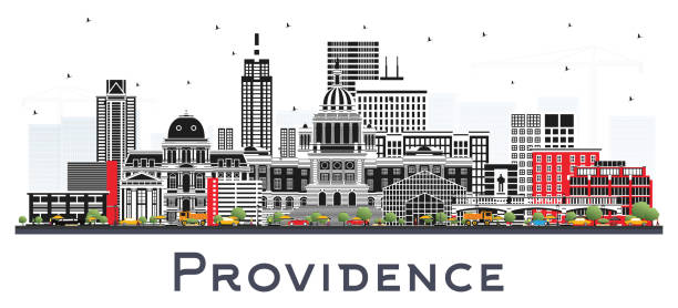 Providence Rhode Island City Skyline with Color Buildings Isolated on White. Providence Rhode Island City Skyline with Color Buildings Isolated on White. Vector Illustration. Providence USA Cityscape with Landmarks. Business Travel and Tourism Concept with Modern Architecture. providence house stock illustrations