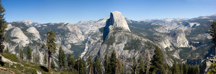 This hi resolution panorama shows half dome rock in Yosemite National Park