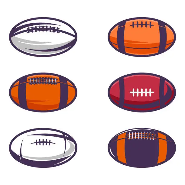 Vector illustration of Set of Illustrations of rugby balls in vintage monochrome style. Design element for label, sign, emblem, poster. Vector illustration