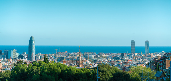 Barcelona cityscape with Sagrada Familia and business district.