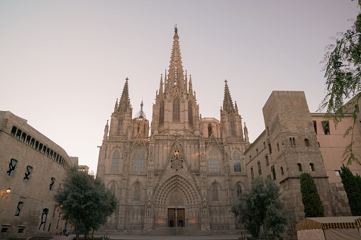 Cathedral of the Holy Cross and Saint Eulalia  during morning blue hour, Barri Gothic Quarter in Barcelona, Catalonia, Spain with sunlight shade