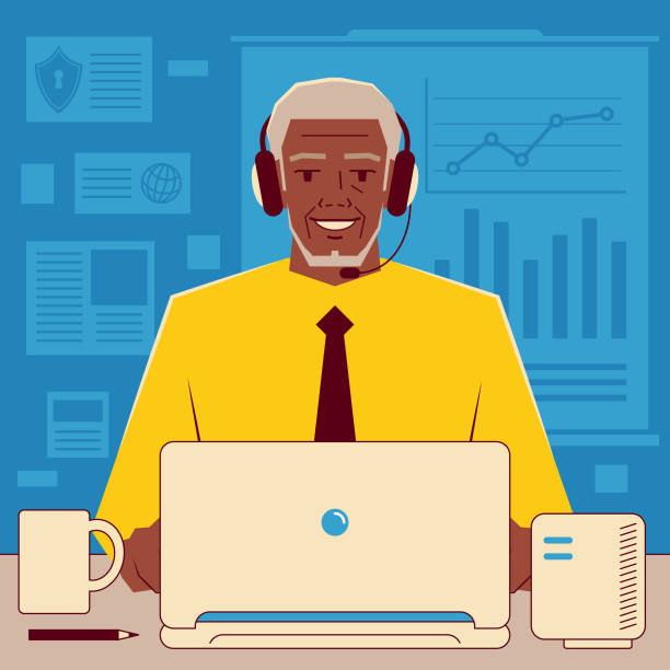 ilustrações de stock, clip art, desenhos animados e ícones de senior businessman with headphones working through conference calls and web meetings or taking an online training course, e-learning, and telecommuting concept - teacher training mature student adult student