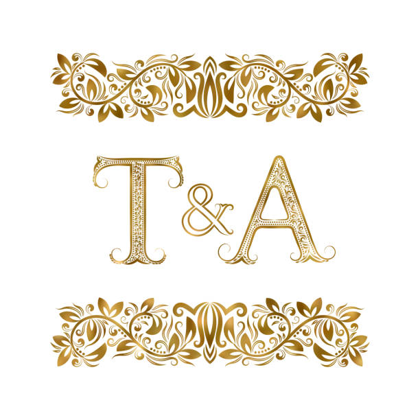 символ винтажных инициалов t и a. буквы окружены декоративными элементами. свадьба или бизнес-партнеры монограмма в королевском стиле. - letter t letter a ornate alphabet stock illustrations