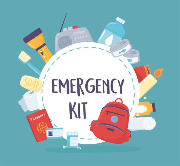 essential emergency kit essential emergency kit survival stuffs first aid stock illustrations